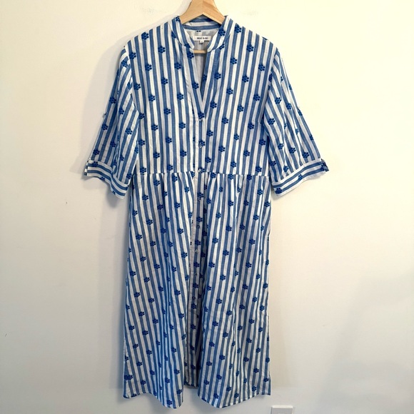 beau & ro Dresses & Skirts - Beau & Ro Midi Capri Blue White Stripe Floral Embroidery Button Shirt Dress L